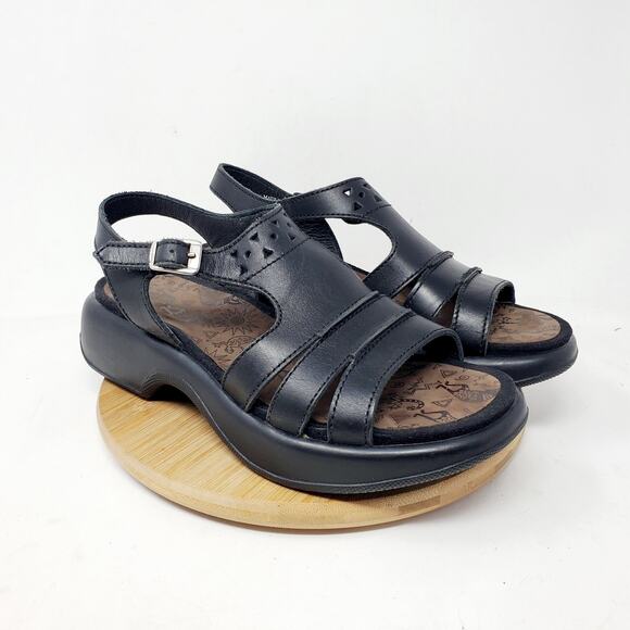 Dansko Shoes Womens 40 Black Leather Platform Clog Sandal T Straps Y2K - Picture 1 of 12